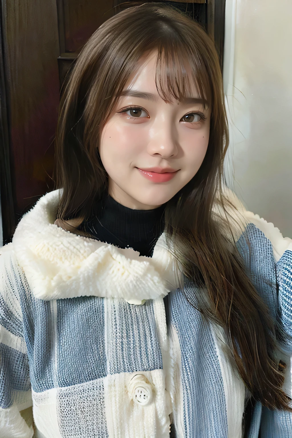 table top, highest quality, shape, Super detailed, finely, High resolution, 8k wallpaper, 完璧なダイナミックな構shape, beautiful and detailed eyes, Gorgeous and stylish black fluffy latest trend Tokyo winter clothes,ランダムなcute髪,small breasts,natural color lip, bold sexy pose,smile、20 year old girl、cute、sexy shot looking at camera,Always blur the background,perfect and beautiful face,Take only the face,beautiful and detailed face、slim face and style,Big eyes、Do gal makeup,real photos、luxury brand mink coat