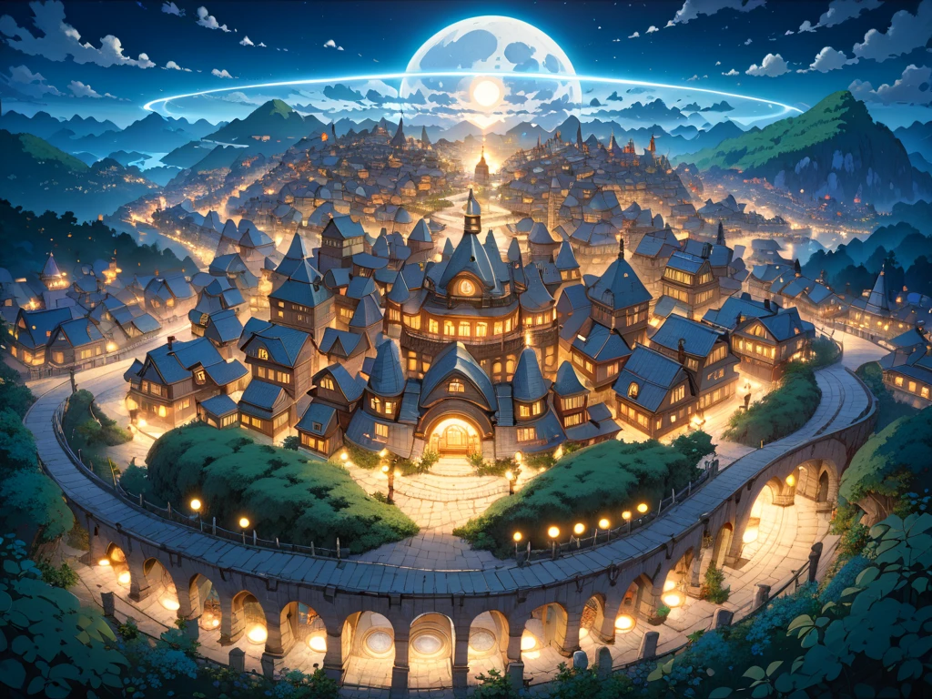 (masterpiece, ultra detailed, top quality), (Studio Ghibli, cel shading anime, PEAnimeBG), (many big moons:1.4), (fantasy town:0.9), distant night view from above.