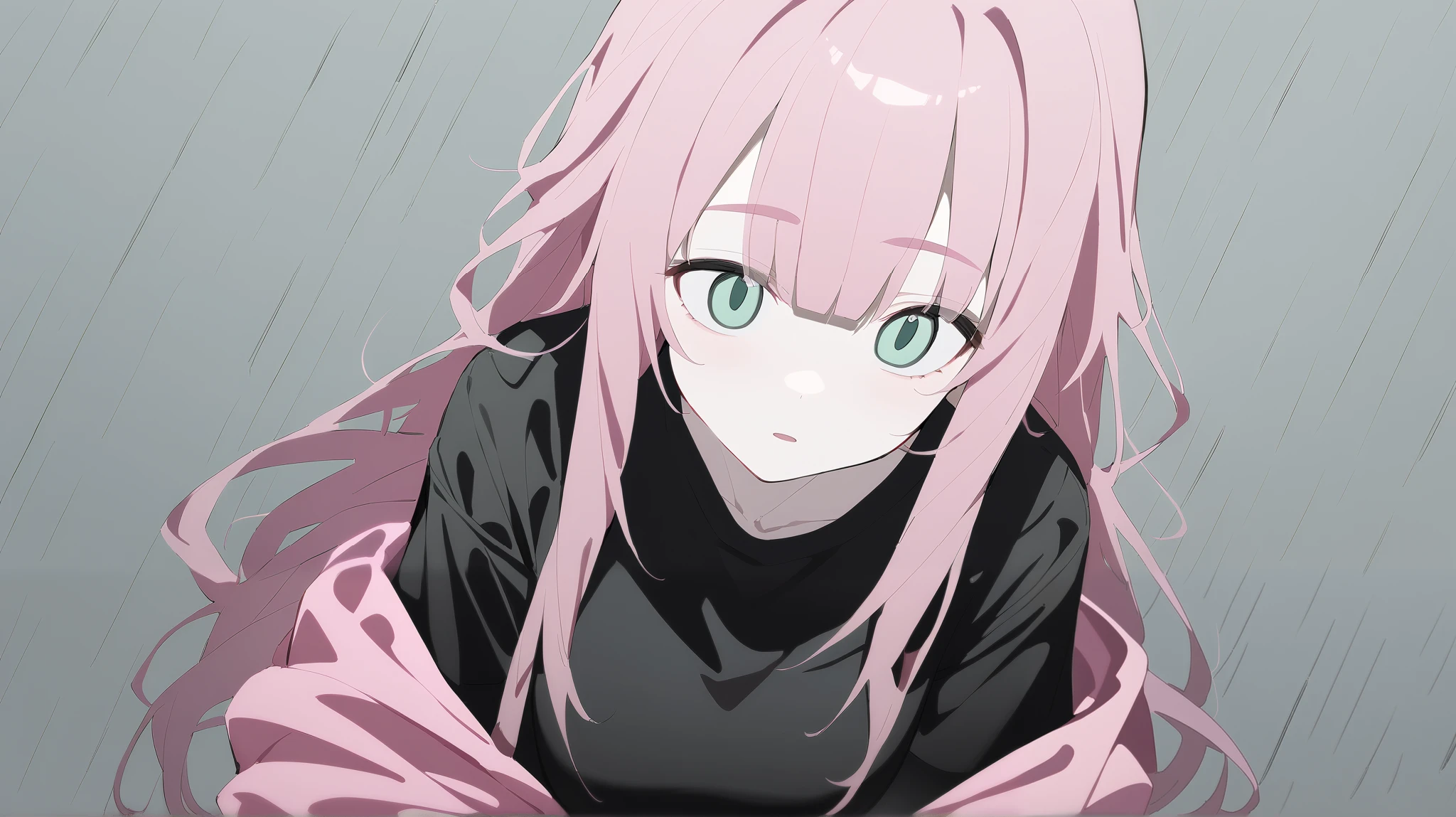 1 woman, alone, adolescent, pink fur, broad, messy hair, corrugated shelter, long bangs, pale skin, green eyes, big breasts, large eyes, standing, (Long black t-shirt, pink jacket), (Gray background, simple background), Upper part of the body, Masterpiece, Best Quality, dynamic angle, Open hand facing forward, Big eyebrows