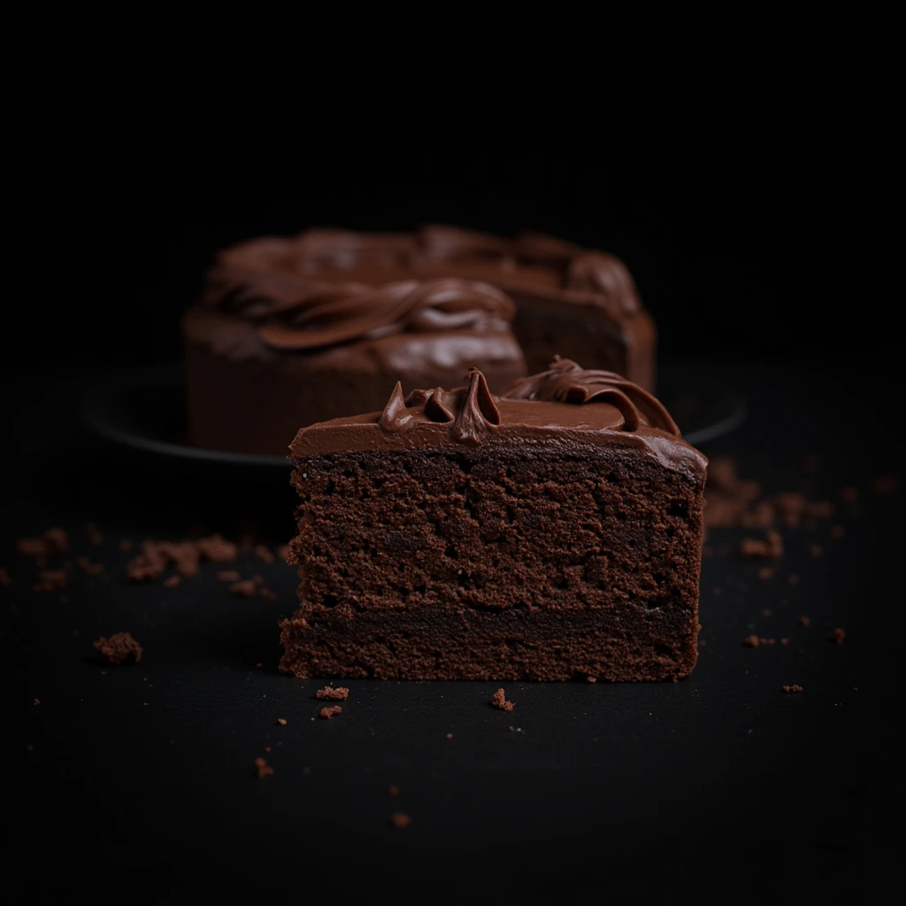 cinematic film still chocolate, chocolate cake, dark background, quality photo, moist texture, frosting, studio photo, slice . shallow depth of field, vignette, highly detailed, high budget, bokeh, cinemascope, moody, epic, gorgeous, film grain, grainy