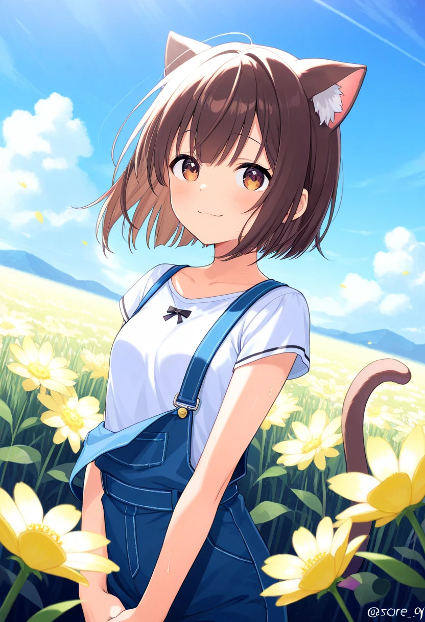  top quality、 on the body Be careful、 anime painting、One girl、 very small breasts、Slim body、Brown cat ears and tail、Big round eyes、 brown hair 、 short bob、brown skin、Cute single tusk、white shirt and overalls、Flower Field、 the wind is blowing、 fun atmosphere、smile、 spread their hands、 Looking up at the sky