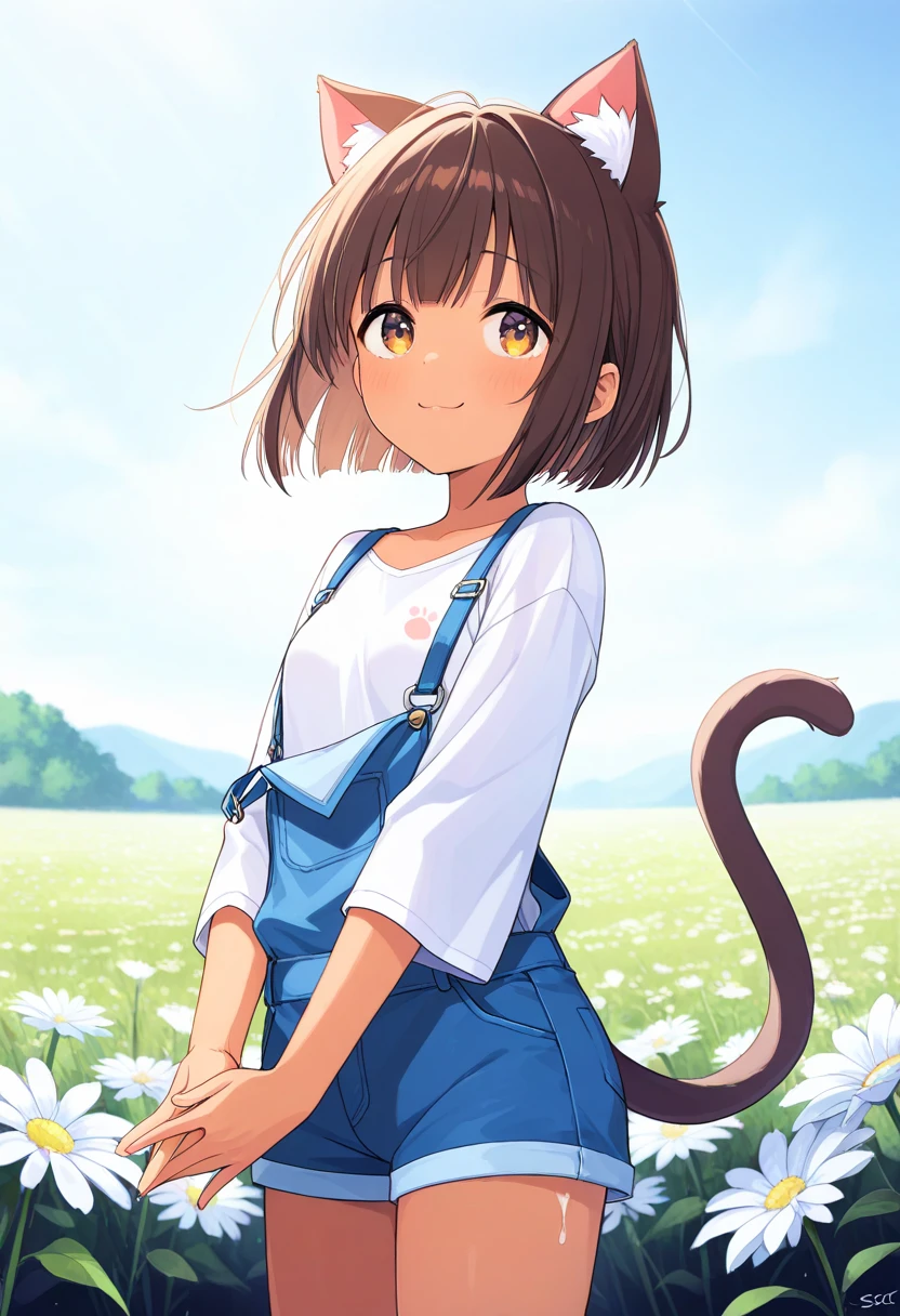  top quality、 on the body Be careful、 anime painting、One girl、 very small breasts、Slim body、Brown cat ears and tail、Big round eyes、 brown hair 、 short bob、brown skin、Cute single tusk、white shirt and overalls、Flower Field、 the wind is blowing、 fun atmosphere、smile、 spread their hands、 Looking up at the sky