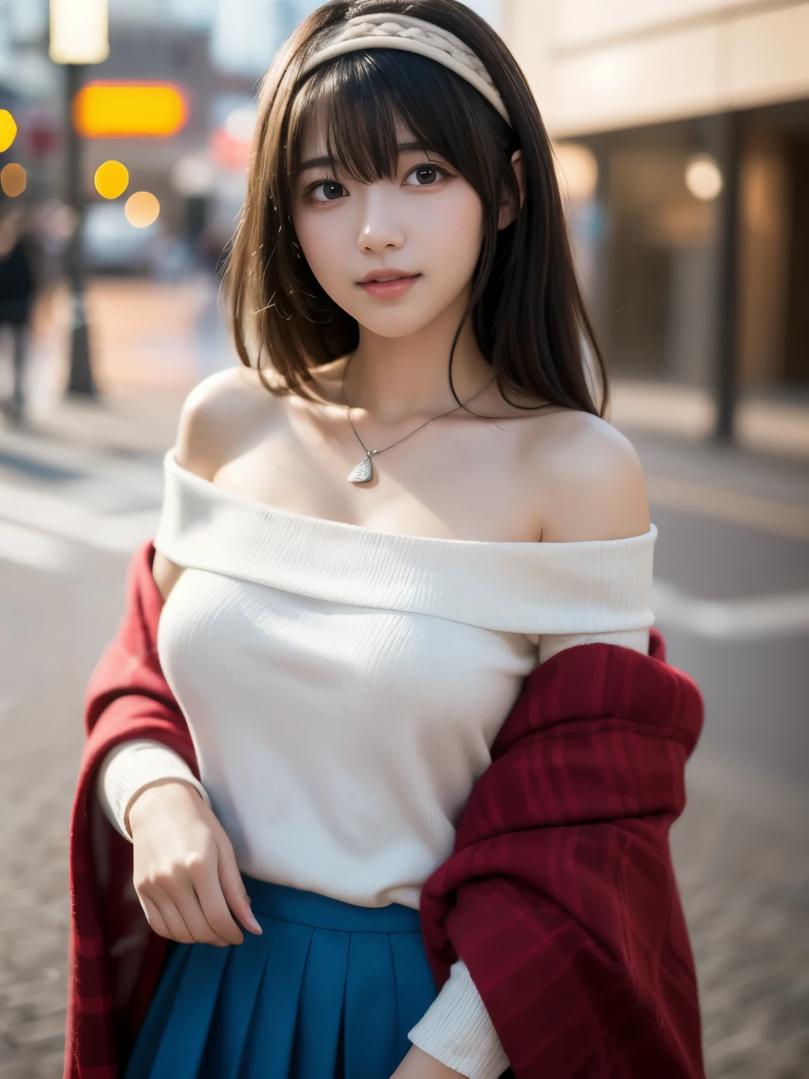 1girl, solo, ager, Slender Body, huge Breasts, pointy breasts, Low Height, (cute Japanese girl), smile, Looking at camera, 
break
upper body, Seductive pose,
break,
Professional photo-realistic images, (8k, RAW photo, best quality, masterpiece:1.2), (realistic, photo-realistic:1.4), (extremely detailed 8k wallpaper), sharp focus, depth of field, blur background, bokeh, cinematic lighting, soft light,
break
bbfumika, idolmaster, long hair, hairband, collarbone, necklace, cleavage, off-shoulder sweater, white sweater, red shawl, blue skirt,
