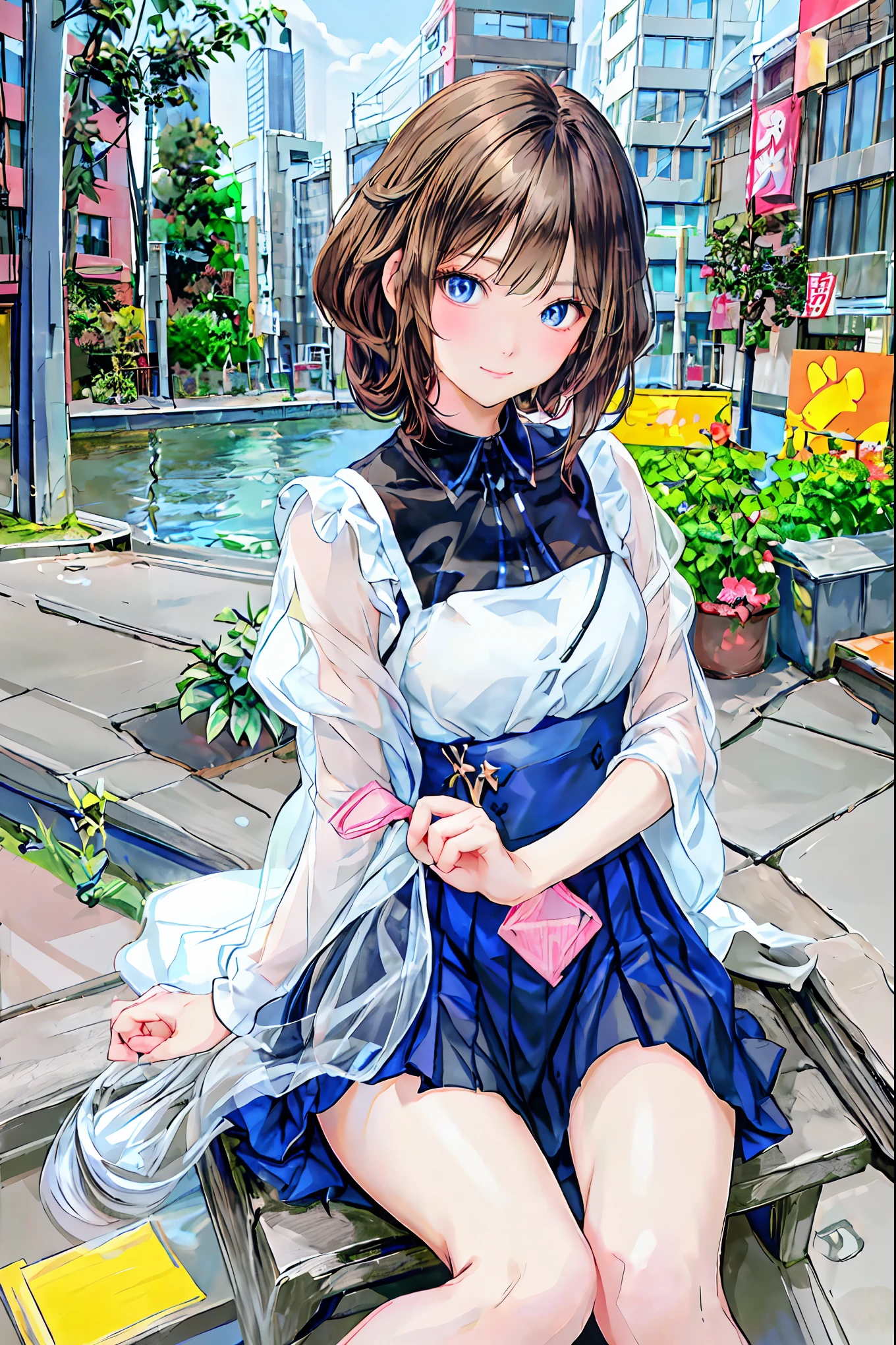 ( s)， top quality，  Beautiful Faces in Every Detail  ，cute， dark brown eyes，(背の低いcute女の子，Young student，Young and delicate girl）,（masterpiece， top quality)， black hair， sleepy look after intercourse， short-sleeved white shirt ，Checkered white skirt，Pathetic，Pathetic，Pathetic， brown hair ， shortcut， messy hair， short braided hair，Neat， slender beauty，Dignified posture， small breasts， beautiful legs with tails， Her enchanting gray-blue eyes sparkle like stars， bright color,  beautiful eyes ,A delicate smile,textured skin, top qualityを誇る,  gentle and beautiful woman  , Anime Style ､