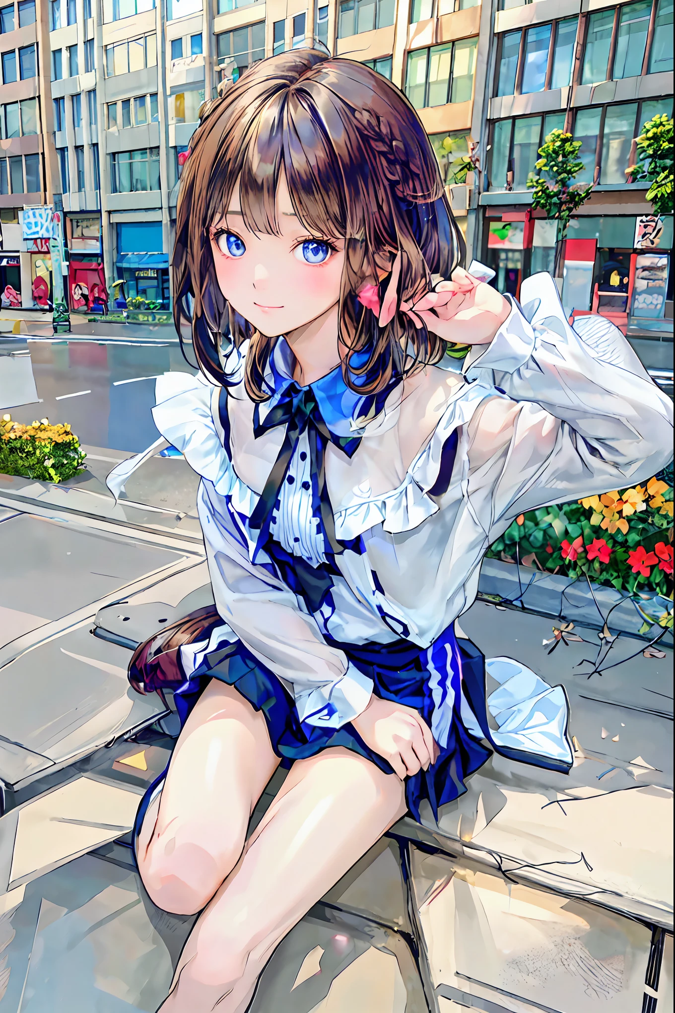 ( s)， top quality，  Beautiful Faces in Every Detail  ，cute， dark brown eyes，(背の低いcute女の子，Young student，Young and delicate girl）,（masterpiece， top quality)， black hair， sleepy look after intercourse， short-sleeved white shirt ，Checkered white skirt，Pathetic，Pathetic，Pathetic， brown hair ， shortcut， messy hair， short braided hair，Neat， slender beauty，Dignified posture， small breasts， beautiful legs with tails， Her enchanting gray-blue eyes sparkle like stars， bright color,  beautiful eyes ,A delicate smile,textured skin, top qualityを誇る,  gentle and beautiful woman  , Anime Style ､