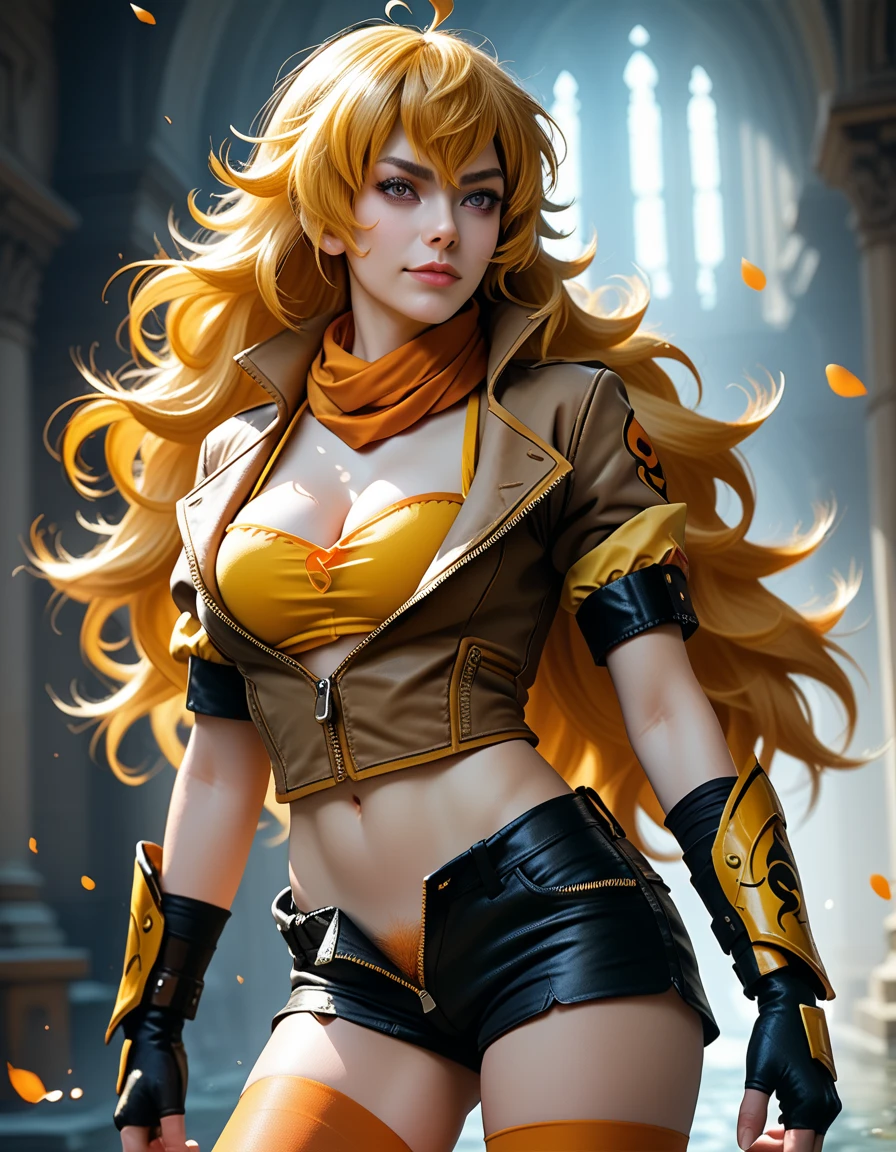 (Yang Xiao Long) from "RWBY", rwbyyangs1, brown jacket, short sleeves, vambraces, black gloves, fingerless gloves, (unzipped black shorts:1.42), ((yellow pubic hair peeks out)), orange thighhighs, single thighhigh, orange scarf, midriff, cleavage, realistic, photorealistic 