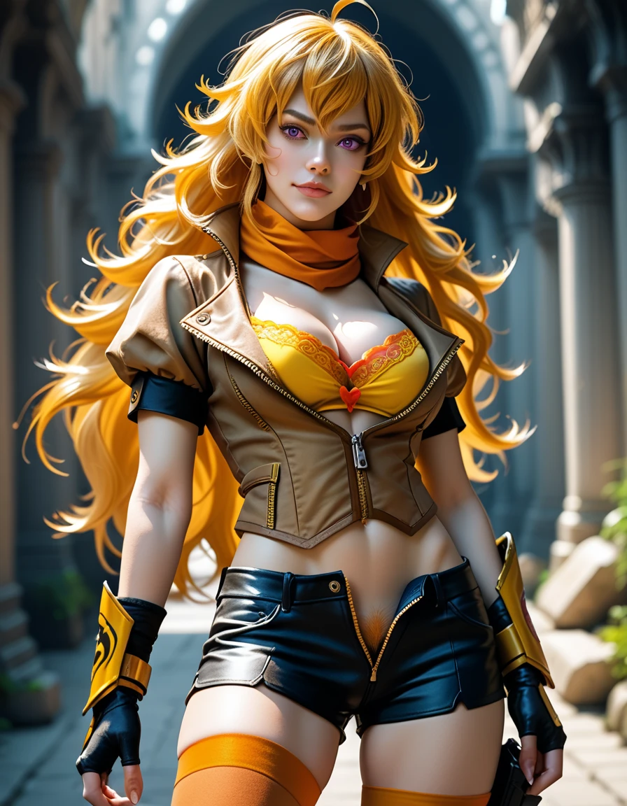 (Yang Xiao Long) from "RWBY", rwbyyangs1, brown jacket, short sleeves, vambraces, black gloves, fingerless gloves, (unzipped black shorts:1.42), ((yellow pubic hair peeks out)), orange thighhighs, single thighhigh, orange scarf, midriff, cleavage, realistic, photorealistic 