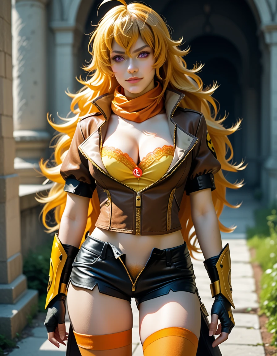 (Yang Xiao Long) from "RWBY", rwbyyangs1, brown jacket, short sleeves, vambraces, black gloves, fingerless gloves, (unzipped black shorts:1.42), ((yellow pubic hair peeks out)), orange thighhighs, single thighhigh, orange scarf, midriff, cleavage, realistic, photorealistic 