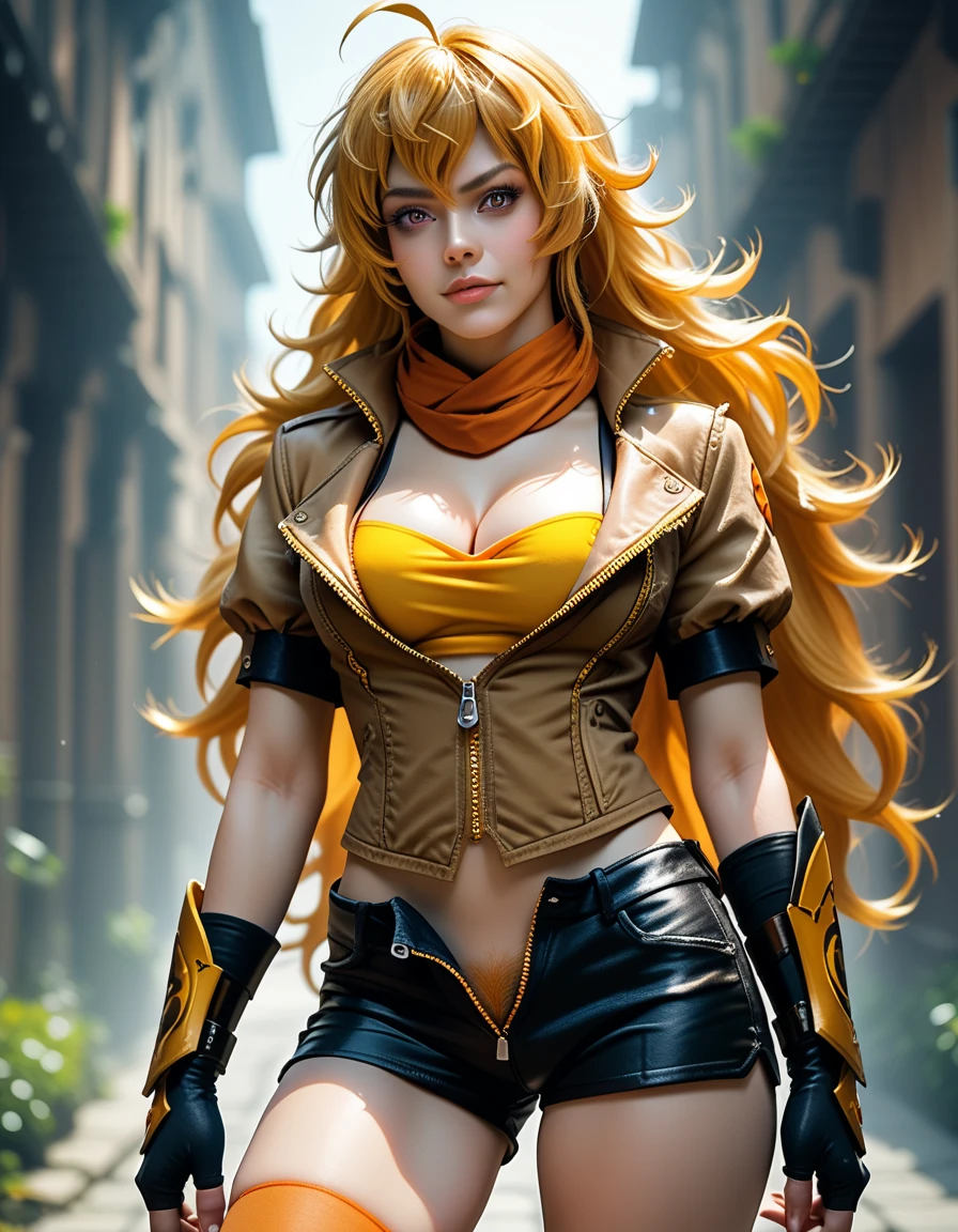 (Yang Xiao Long) from "RWBY", rwbyyangs1, brown jacket, short sleeves, vambraces, black gloves, fingerless gloves, (unzipped black shorts:1.42), ((yellow pubic hair peeks out)), orange thighhighs, single thighhigh, orange scarf, midriff, cleavage, realistic, photorealistic 