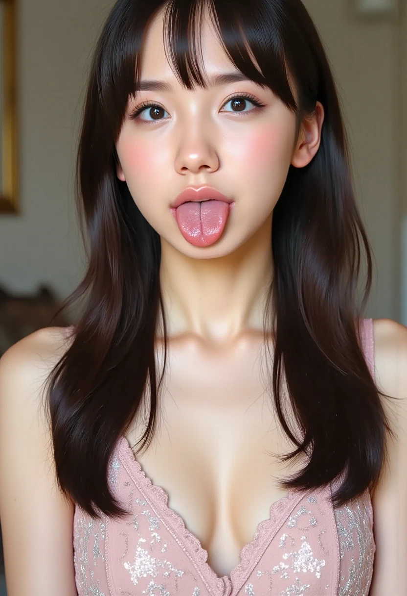 masterpiece, 最high quality,16k,8K,beautiful,get used to it,exquisite,extremely get used to it, finely get used to it, high quality, insanely get used to it, ultra get used to it, ultra high resolution, 超high quality, beautiful face, Japanese, NSFW,Picture of a woman's face 、( sharp focus ), From below, ( please kneel and look upward:1.10), ((Open your mouth:1.6)), ( stick out your tongue:1.8), (Ultra-detailed beautiful faces:1.10), (Ultra-detailed beautiful slim body:1.9), 21 years old, ( Super Detailed Beautiful Japanese Beauty Female Idols:1.7), ( troubled face:1.3), Woman in the center of the image, break, photorealistic, hyperrealism, portrait of young adorable Japanese face, Japanese facial features, Young and Cute Skinny Oriental Faces, Bust Up Shot, 21 years old idol with a cute face, beautiful Japanese girl's face , Japanese facial features, she has a lovely look , ( Light pink Sparkling Evening Dress :1.5)