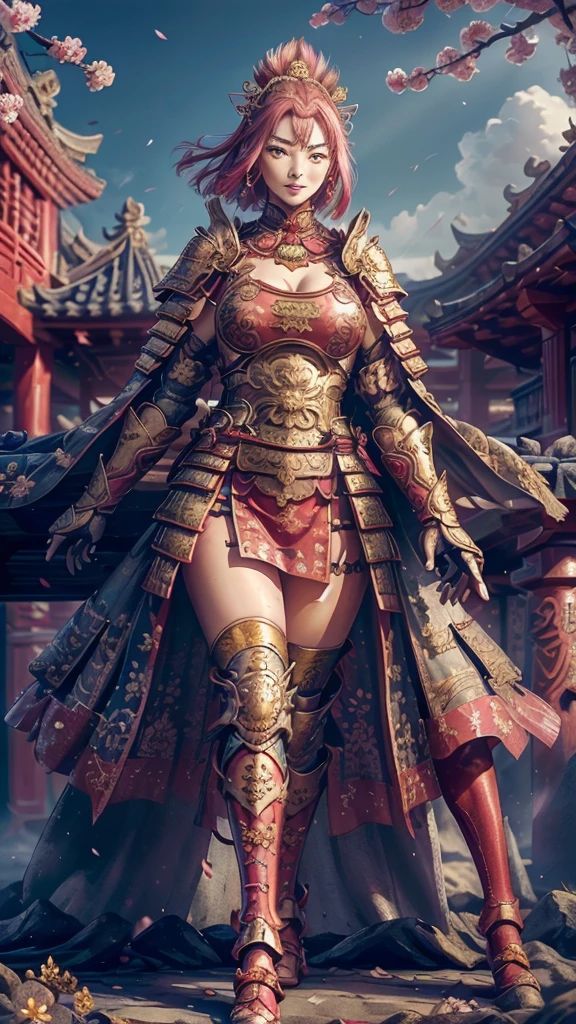 (RAW shooting,  Photorealistic:1.5, 8k,  top quality, masterpiece,  super high resolution ),  perfect dynamic configuration :1.2, Midnight, fight:1.2, Sengoku, case,  battles burning everywhere :1.3, Highly Detailed Skin and Face Textures :1.2,   Sexy Female Warrior Holding a Big Sword :1.3,  beautifully refined :1.2,  SEXY BEAUTY ,  perfect style, belief, Wear an exquisite ring, , water, wind, thunder, ice,  white skin,  very beautiful face , (Big Breasts, Chest gap), Perfect means, perfect hand,   perfect leg, ( embarrassed smile ,  Your expression when you feel intense caress,  Expression When Feeling Pleasure), ( Sexy Warrior Battle Wearing Armor  :1.2,  Off Shoulder:1.1), ( beautiful blue eyes,  Beautiful Eros Eyes :0.8), (Overly sensual:0.9,  seductive :0.9),   full body shot、nsfw、((realistic))、((very short hair))、((Hot pink hair ))、((toned body))、(glistening skin)、 toned body、((huge breasts))、Big Breasts、 plump thighs、 red armor with a plum blossom pattern engraved on it 、(  wearing a plum blossom patterned cape )、(chiffon skirt)、Red shin guard with plum blossom engraved on it 、 red high-leg underwear 、 pink tights that make you have huge breasts、 absolute domain、(holding spear)、Dramatic lighting、((Clear Sky Thunderbolt))、((Plum blossoms are dancing ))、(( Plum blossoms in full bloom in the background ))、(( Large plum blossoms in full bloom on the front ))、 cinema-like scene 、 Max Image、 Ultra High Definition、8k、masterpiece、crisp quality、