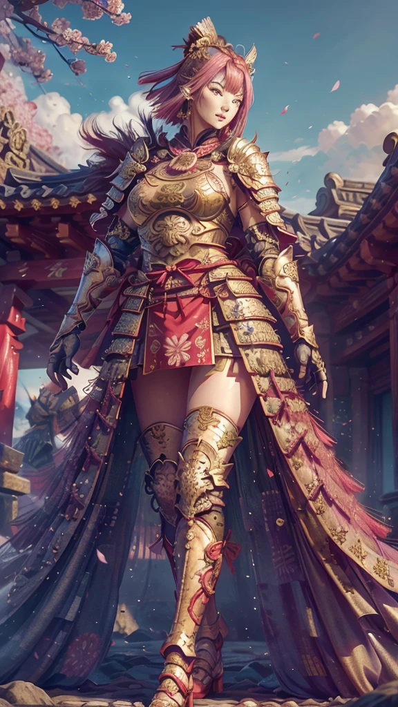 (RAW shooting,  Photorealistic:1.5, 8k,  top quality, masterpiece,  super high resolution ),  perfect dynamic configuration :1.2, Midnight, fight:1.2, Sengoku, case,  battles burning everywhere :1.3, Highly Detailed Skin and Face Textures :1.2,   Sexy Female Warrior Holding a Big Sword :1.3,  beautifully refined :1.2,  SEXY BEAUTY ,  perfect style, belief, Wear an exquisite ring, , water, wind, thunder, ice,  white skin,  very beautiful face , (Big Breasts, Chest gap), Perfect means, perfect hand,   perfect leg, ( embarrassed smile ,  Your expression when you feel intense caress,  Expression When Feeling Pleasure), ( Sexy Warrior Battle Wearing Armor  :1.2,  Off Shoulder:1.1), ( beautiful blue eyes,  Beautiful Eros Eyes :0.8), (Overly sensual:0.9,  seductive :0.9),   full body shot、nsfw、((realistic))、((very short hair))、((Hot pink hair ))、((toned body))、(glistening skin)、 toned body、((huge breasts))、Big Breasts、 plump thighs、 red armor with a plum blossom pattern engraved on it 、(  wearing a plum blossom patterned cape )、(chiffon skirt)、Red shin guard with plum blossom engraved on it 、 red high-leg underwear 、 pink tights that make you have huge breasts、 absolute domain、(holding spear)、Dramatic lighting、((Clear Sky Thunderbolt))、((Plum blossoms are dancing ))、(( Plum blossoms in full bloom in the background ))、(( Large plum blossoms in full bloom on the front ))、 cinema-like scene 、 Max Image、 Ultra High Definition、8k、masterpiece、crisp quality、