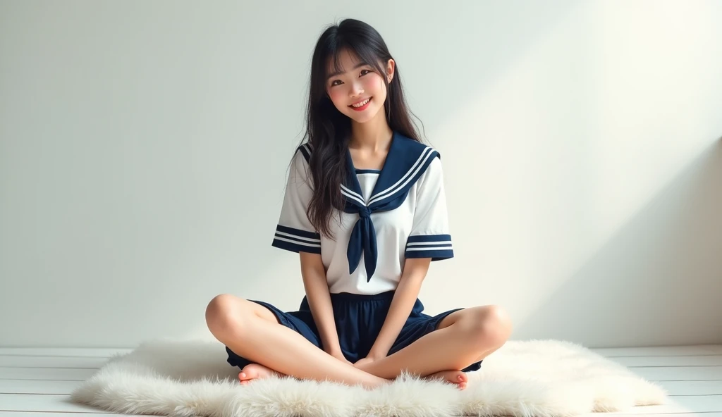 Full body shot from the front、Wear off-the-shoulder mini one-piece pajamas, bend your knees, spread your legs, take a cross-legged pose, and sit while looking at me, Slender bare legs 、smile、The background is a monotone 

