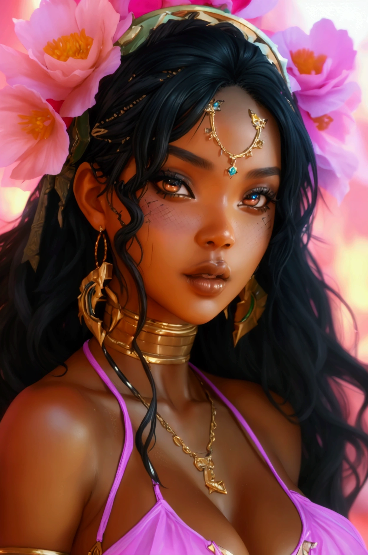 ((((ebony girl)))), (((ebony skin tone))), Full body perspective, beautiful detailed eyes, beautiful detailed lips, extremely detailed face, long freely wavy hair, (best quality,4k,8k,highres,masterpiece:1.2),ultra-detailed,(realistic,photorealistic,photo-realistic:1.37),HDR,UHD, studio lighting, sharp focus, physically-based rendering, extreme detail description, professional, vivid colors, black female, african-american woman, camera zoomed out to show full body, large breasts, wide hips, big butt