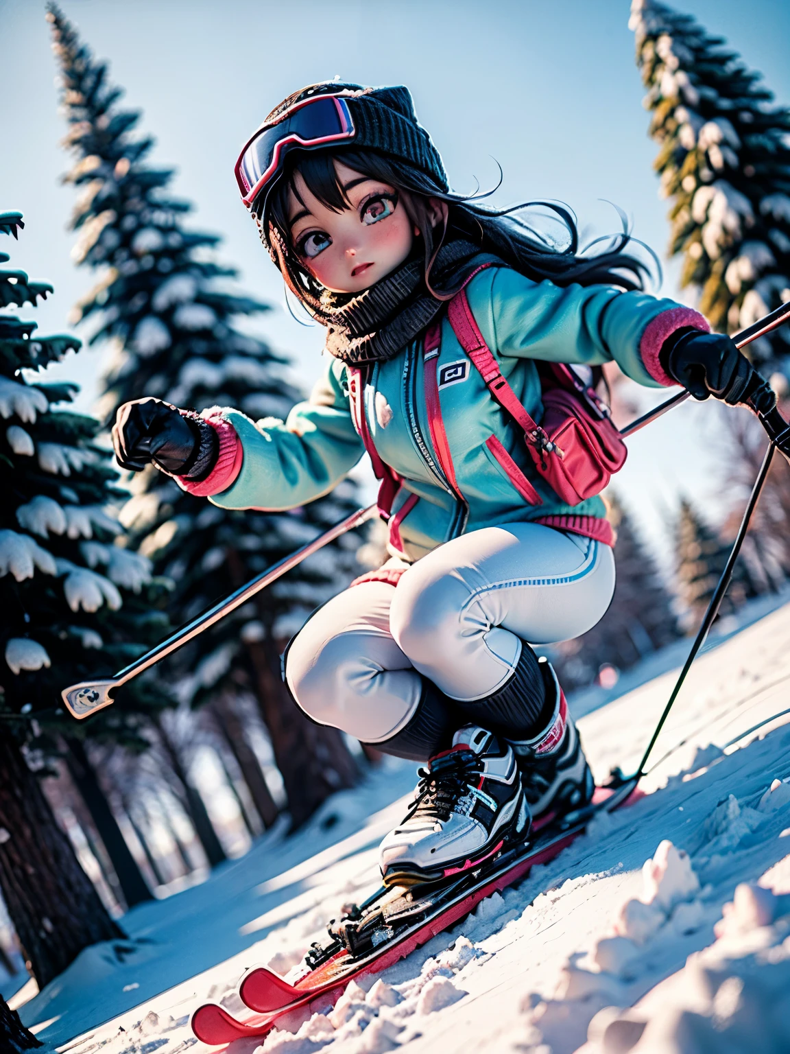  Exquisitely Detailed Skiers 、 Atmospheric Winter Scenery 、 Snowy Mountains 々、Frozen Lake、Pine Forest、 Dynamic Action Poses 、 Skiers Skiing at Full Speed、Athletic Movements 、 cool clear air 、Bright sunlight、 bright color、( top quality、4K、8k、 high definition 、masterpiece:1.2)、 super detailed、( real、 Photorealistic 、 Photorealistic :1.37)、 Cinematic Lights、 Dramatic Shadows、 bright color、Action Photo、 makes a vivid impression。Away from the camera、I'm shooting my whole body 。