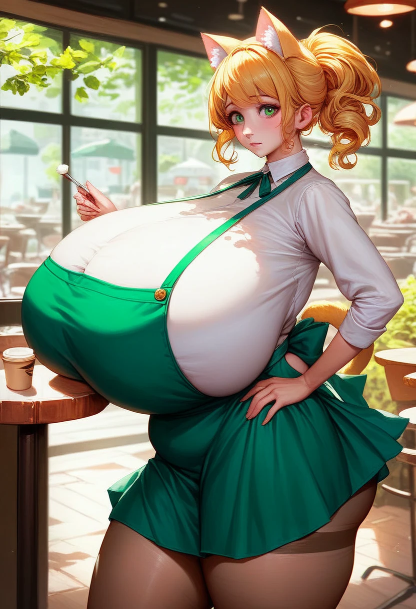 ​masterpiece,top-quality, high resolution,anime,side view, beautiful woman, cowboy shot,tall, detailed figure, dynamic lighting,1girl, (worried, looking at viewer, yellow hair,cat ears, green eyes,green apron,skirt ,cafe, pantyhose), gigantic breasts, huge thighs,, (plump)