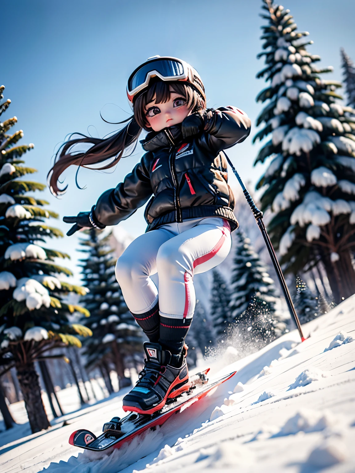  Exquisitely Detailed Skiers 、 Atmospheric Winter Scenery 、 Snowy Mountains 々、Frozen Lake、Pine Forest、 Dynamic Action Poses 、 Skiers Skiing at Full Speed、Athletic Movements 、 cool clear air 、Bright sunlight、 bright color、( top quality、4K、8k、 high definition 、masterpiece:1.2)、 super detailed、( real、 Photorealistic 、 Photorealistic :1.37)、 Cinematic Lights、 Dramatic Shadows、 bright color、Action Photo、 makes a vivid impression。Away from the camera、I'm shooting my whole body 。