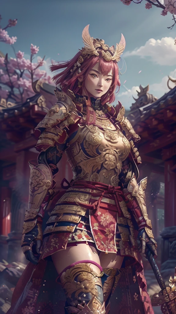 (RAW shooting,  Photorealistic:1.5, 8k,  top quality, masterpiece,  super high resolution ),  perfect dynamic configuration :1.2, Midnight, fight:1.2, Sengoku, case,  battles burning everywhere :1.3, Highly Detailed Skin and Face Textures :1.2,   Sexy Female Warrior Holding a Big Sword :1.3,  beautifully refined :1.2,  SEXY BEAUTY ,  perfect style, belief, Wear an exquisite ring, , water, wind, thunder, ice,  white skin,  very beautiful face , (Big Breasts, Chest gap), Perfect means, perfect hand,   perfect leg, ( embarrassed smile ,  Your expression when you feel intense caress,  Expression When Feeling Pleasure), ( Sexy Warrior Battle Wearing Armor  :1.2,  Off Shoulder:1.1), ( beautiful blue eyes,  Beautiful Eros Eyes :0.8), (Overly sensual:0.9,  seductive :0.9),   full body shot、nsfw、((realistic))、((very short hair))、((Hot pink hair ))、((toned body))、(glistening skin)、 toned body、((huge breasts))、Big Breasts、 plump thighs、 red armor with a plum blossom pattern engraved on it 、(  wearing a plum blossom patterned cape )、(chiffon skirt)、Red shin guard with plum blossom engraved on it 、 red high-leg underwear 、 pink tights that make you have huge breasts、 absolute domain、(holding spear)、Dramatic lighting、((Clear Sky Thunderbolt))、((Plum blossoms are dancing ))、(( Plum blossoms in full bloom in the background ))、(( Large plum blossoms in full bloom on the front ))、 cinema-like scene 、 Max Image、 Ultra High Definition、8k、masterpiece、crisp quality、