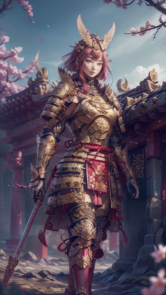 (RAW shooting,  Photorealistic:1.5, 8k,  top quality, masterpiece,  super high resolution ),  perfect dynamic configuration :1.2, Midnight, fight:1.2, Sengoku, case,  battles burning everywhere :1.3, Highly Detailed Skin and Face Textures :1.2,   Sexy Female Warrior Holding a Big Sword :1.3,  beautifully refined :1.2,  SEXY BEAUTY ,  perfect style, belief, Wear an exquisite ring, , water, wind, thunder, ice,  white skin,  very beautiful face , (Big Breasts, Chest gap), Perfect means, perfect hand,   perfect leg, ( embarrassed smile ,  Your expression when you feel intense caress,  Expression When Feeling Pleasure), ( Sexy Warrior Battle Wearing Armor  :1.2,  Off Shoulder:1.1), ( beautiful blue eyes,  Beautiful Eros Eyes :0.8), (Overly sensual:0.9,  seductive :0.9),   full body shot、nsfw、((realistic))、((very short hair))、((Hot pink hair ))、((toned body))、(glistening skin)、 toned body、((huge breasts))、Big Breasts、 plump thighs、 red armor with a plum blossom pattern engraved on it 、(  wearing a plum blossom patterned cape )、(chiffon skirt)、Red shin guard with plum blossom engraved on it 、 red high-leg underwear 、 pink tights that make you have huge breasts、 absolute domain、(holding spear)、Dramatic lighting、((Clear Sky Thunderbolt))、((Plum blossoms are dancing ))、(( Plum blossoms in full bloom in the background ))、(( Large plum blossoms in full bloom on the front ))、 cinema-like scene 、 Max Image、 Ultra High Definition、8k、masterpiece、crisp quality、