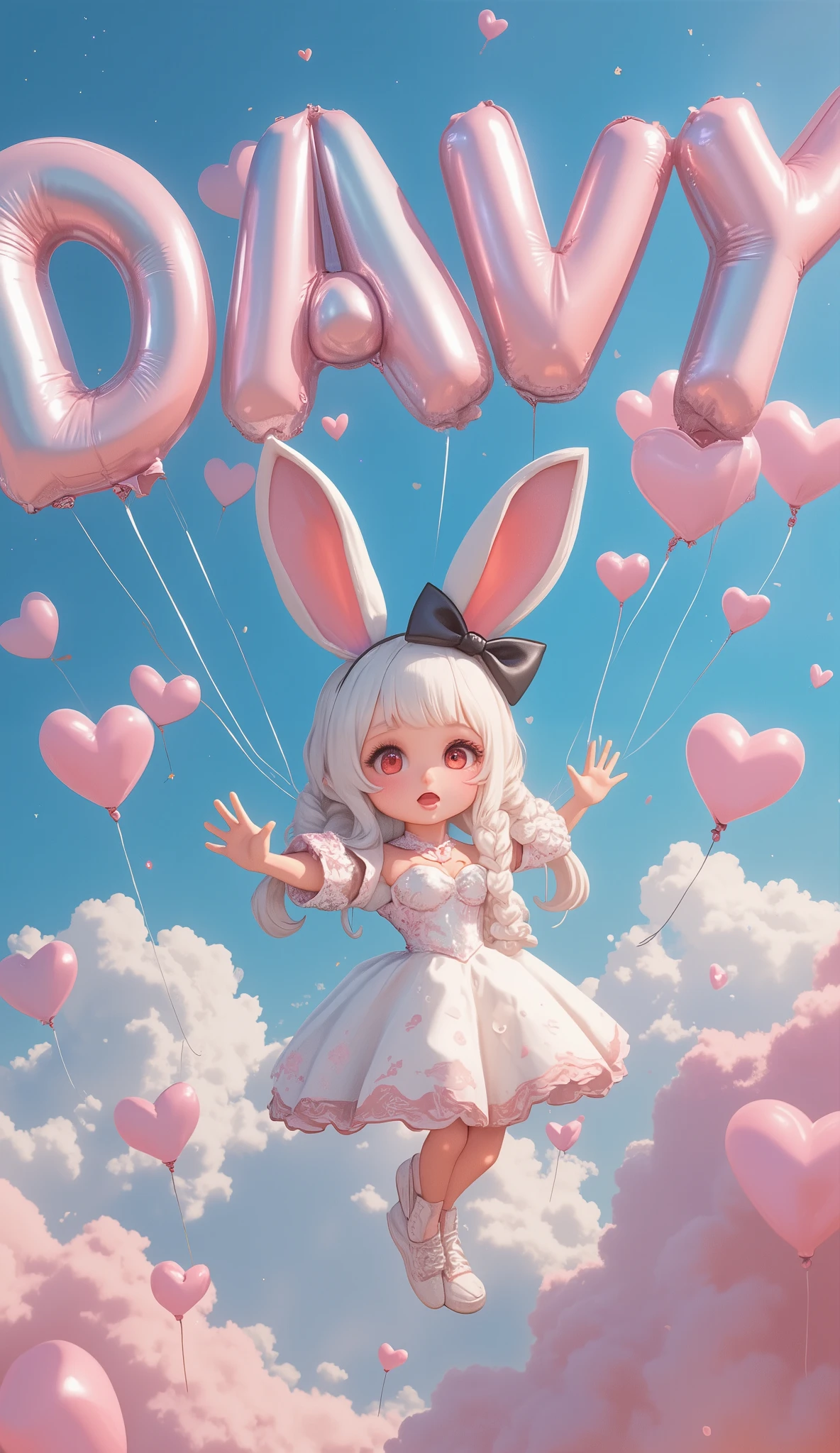 Cute pop balloons shaped "DAVY". Pop and vivid and comical and colorful and cute art. Everything floating under zero-gravity weightlessness. gorgeous and colorful heart marks and star marks. rabbit girl\(chibi,cute, kawaii,red eyes,white rabbit ears, wearing pretty white dress embroidered with shiny white silk, luxuriously braided long white hair, big black hair bow, amazed face, smile, cute pose, waving hand, idol\) floating in air. everything floats up to sky. Happy mood, grateful mood. Thanking. beautiful sky. anime style.Perfect hand,Detailed hand,