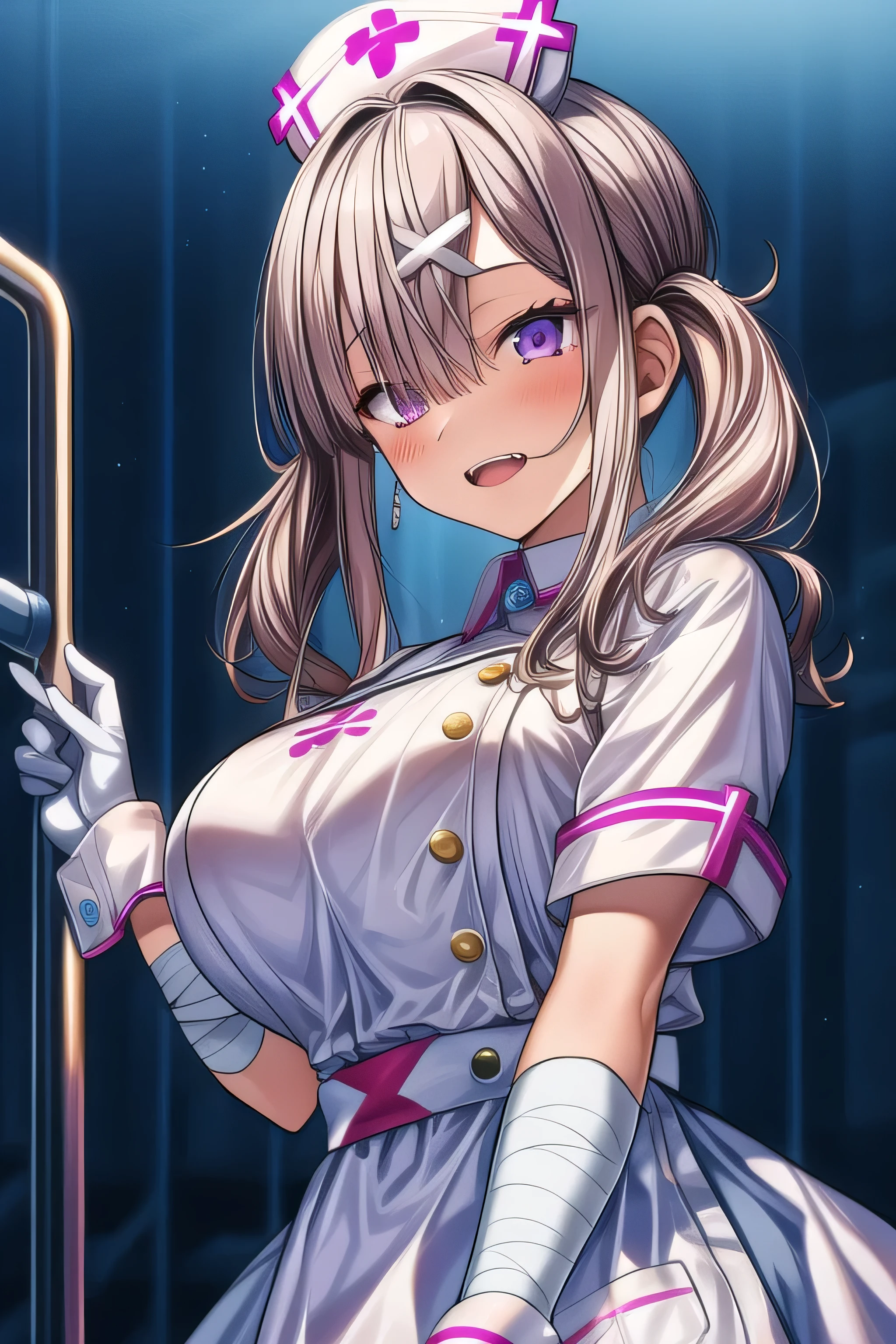 masterpiece, 1 girl, 18 years old, Alone ,  open her mouth ,  white gloves, bandage,  white apron, Short sleeve, nurse, bandageを巻かれた腕, wrist cuffs,  white dress, tooth,  Big Breasts ,,  whole body, Static Constraint,