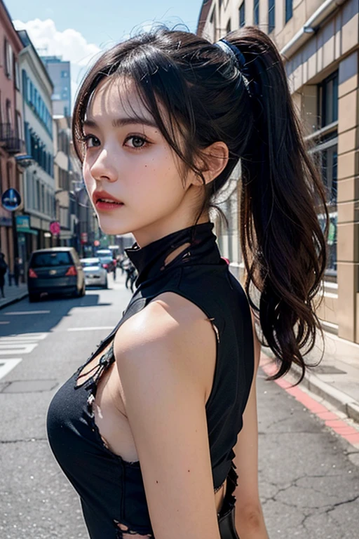 ((Bust Top)), In the back alley、(15 year old beautiful girl, Baby Face:1.3)、One person、((Cute and slightly naughty outfit))、Slender body line, Small and slender figure、((A mean look:1.3, blush))、(Beautiful breasts, A cleavage of fascination with tension:1.2), Small beautiful butt, Thin thighs, Short pigtails、(Detailed eyes and face:1.3, Professional photography techniques, Cinema Lighting), (Highest quality, 8K, masterpiece:1.2, RAW Photos), (Photorealism:1.2), ((Pose with hands close to mouth:1.2)), (Detailed lips and hands:1.2)