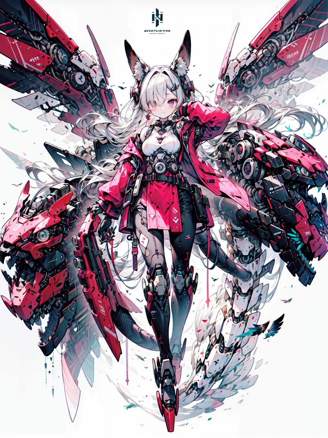 Dragon Ears, Mecha, mechanical,  Dragon Wings ,  Dragon Tail , Dragon Horn,, ultra Get used to it, masterpiece,  top quality, beautiful, Get used to it,, Alone,   smugface,  1 girl, purple eyes, Red-rimmed glasses, ( black hair, Red tip :1.2),  red and striped hair , とても long hair,  side ponytail, Hair tied up, medium breasts,,  dataset ,  jacket worn over the shoulder, Coat from above shoulder ,  Red Dress ,  rolled up my sleeves,  belt, multiple belts,  combat boots,  Bulletproof Vest ,  pants,  Black Coat, tactical clothing house 、owl wings , Blake、（ Dark Elf), ( 1 girl), Alone,  perfect face, それにGet used to it,  , (( long hair:1.2)), (Hair on one eye:1.3), [[ messy hair]], Shiny blonde white hair, purple eyes, Multicolored eyes,  colorful hair, 輝く瞳, ( eyelash ,  Eye Shadow , pink  Eye Shadow ),  bright , smile,  design art by Haruhiko Mikimoto, Kawasaki, by Yoshitaka Amano