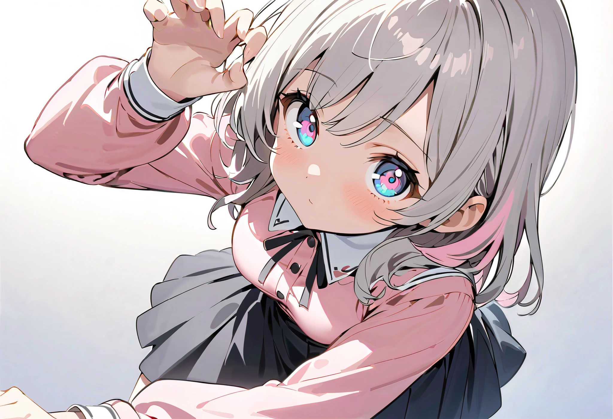 whole body、asymmetry bangs, swept bangs,{{{masterpiece}}}, {{{ top quality}}}, {{ super detailed}}, {beautiful detailed eye}, 1 girl, Alone, ((Grey Hair)),(bangs), angle from above、 looks up, girl ,Midea,eye、 dynamic angle 、Long Grey Hair、 pink tips 、Alone、 medium hair 、白い medium hair 、 Song、Idol、長めの medium hair 、 long hair、 bob hair、 stageに立ち Song、 long sleeve pink shirt with white collar {x} 肩くらいまで伸びるGrey Hair 、 Pink hair with pink tips 、 medium hair ー、 hair with pink inner color、 white hair down to shoulders 、 pretty girl、Detailed eye、Anime、 Shirogane Noel、 stage、 black skirt、 white hair down to shoulders 、 simple background、,Alone、 1 girl、E art style 、 The light shines 、Beautiful Shadows、Alone、singer、