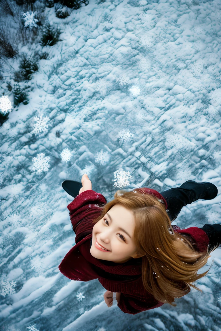 1 beautiful girl. Japanese actress girl, blonde, long hair. Blue eyes, BRAK smiling, dapple coat, turtleneck sweater, woolen hat, skirt, boots, BRAK (Snowy:1.6), (She dances with her hands outstretched).(Her hair swings wildly as she dances:1.2),(Watching snowflakes ❄️ fall:1.6), Realistic photograph, (best quality:1.5), (hyper-realistic:1.2),  (Cinematic Lighting:1.2), RAW photo, (Composition from above:1.6),from above, (8k), detailed textures, sharp focus,ultra-detailed,