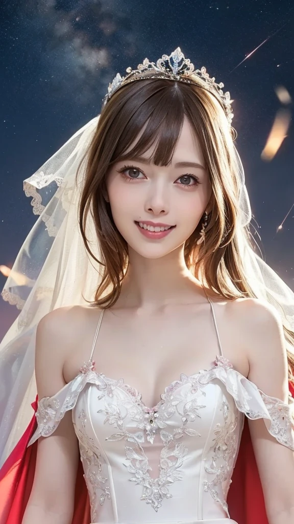 cowboy shot, from front, (face focus), (nsfw), 
1 woman, Sexy and beautiful woman, ((happy smile)), shiny skin, 
((Blunt Bangs)), (((Violently tousled hair))), 
Colorful tiara, long wedding dress with complicated structure,
Colorful long wedding dress,
(((frilled see-through long wedding dress, super long cape from the head))),
Erotic, only sexy woman, bride,
One girl, slender, big and firm swaying bust, shiny skin,
Shiny pink cheeks, glossy pink lips, pink eye shadow, 
Church, brightly colored stained glass, small faint lights and flying fireflies,
Night, starry sky, Milky Way, nebula, shooting star, flower, bird, wind and moon, 
(((Blurred Background))), Fantastic, Epic Scale, 
(best quality), (high quality), (masterpiece), (4k, 8k, raw photo), (((Highly Detailed Face and Skin Texture))), 
(((Very elegant and beautiful, Perfect detail, Super detailed))), Beautifully detailed whole body, Depth of written boundary, 
