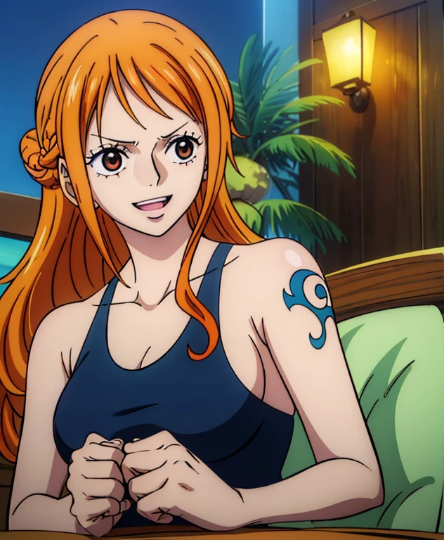  ( top quality, 4K, 8k,  high definition , masterpiece:1.2),  super detailed, ( realistic , photo realistic , photo- realistic :1.37) ,Generate a realistic anime style for Nami in ONE PIECE , must be drawn in anime style , girl with very pale orange yellow hair ,Chignon, braids , Dominant Smile , embarrassed expression,(Left shoulder tattoo), Big Breasts ,(Black swimsuit),Exposing your belly,Enjoy a vacation in paradise , beach chair, palm trees,sea,Tropical Fruits,アートスタイルはCharmingなアニメスタイルに似ている.  rendering. For enhanced visual effect, Add HDR, 超 high definition ,  Studio Lighting , Fine painting,  sharp concentration, 物理ベース rendering,  detailed description ,  professional,  bright color, ボケはなく安定拡散 professionalンプトを、Please enter as is, Generate realistic anime style for Nami in One Piece ,((( top quality))), (( super detailed)),((masterpiece:1.5)),  detailed pictures, smile,  sexy, ( top quality: 1.4), ( One Girl ),  beautiful face, ( orange hair,  long hair: 1.3), Beautiful hairstyle, Beautiful details of the eyes, ( realistic な肌),  Beautiful skin, beautiful lips, absurd, Charming, 超 high definition ,  high image quality, (Sexually excited:1.5), cinematic lighting:1.2, Sunshine Spot:1.3,Perfect means, perfect limb,Perfect means