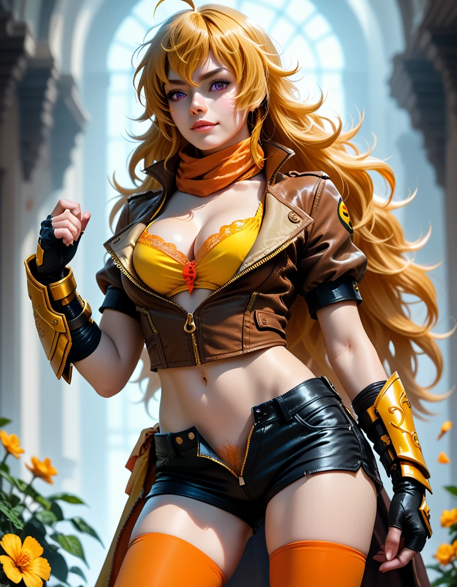 (Yang Xiao Long) from "RWBY", rwbyyangs1, brown jacket, short sleeves, vambraces, black gloves, fingerless gloves, (unzipped black shorts:1.42), ((yellow pubic hair peeks out)), orange thighhighs, single thighhigh, orange scarf, midriff, cleavage, realistic, photorealistic, hkstyle