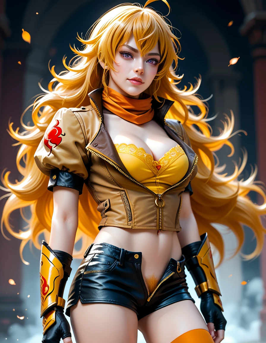 (Yang Xiao Long) from "RWBY", rwbyyangs1, brown jacket, short sleeves, vambraces, black gloves, fingerless gloves, (unzipped black shorts:1.42), ((yellow pubic hair peeks out)), orange thighhighs, single thighhigh, orange scarf, midriff, cleavage, realistic, photorealistic, hkstyle