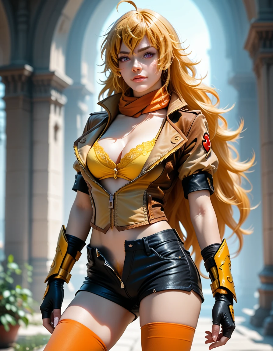 (Yang Xiao Long) from "RWBY", rwbyyangs1, brown jacket, short sleeves, vambraces, black gloves, fingerless gloves, (unzipped black shorts:1.42), ((yellow pubic hair peeks out)), orange thighhighs, single thighhigh, orange scarf, midriff, cleavage, realistic, photorealistic, hkstyle