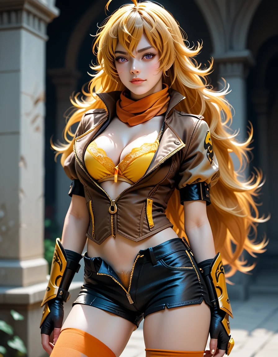 (Yang Xiao Long) from "RWBY", rwbyyangs1, brown jacket, short sleeves, vambraces, black gloves, fingerless gloves, (unzipped black shorts:1.42), ((yellow pubic hair peeks out)), orange thighhighs, single thighhigh, orange scarf, midriff, cleavage, realistic, photorealistic, hkstyle