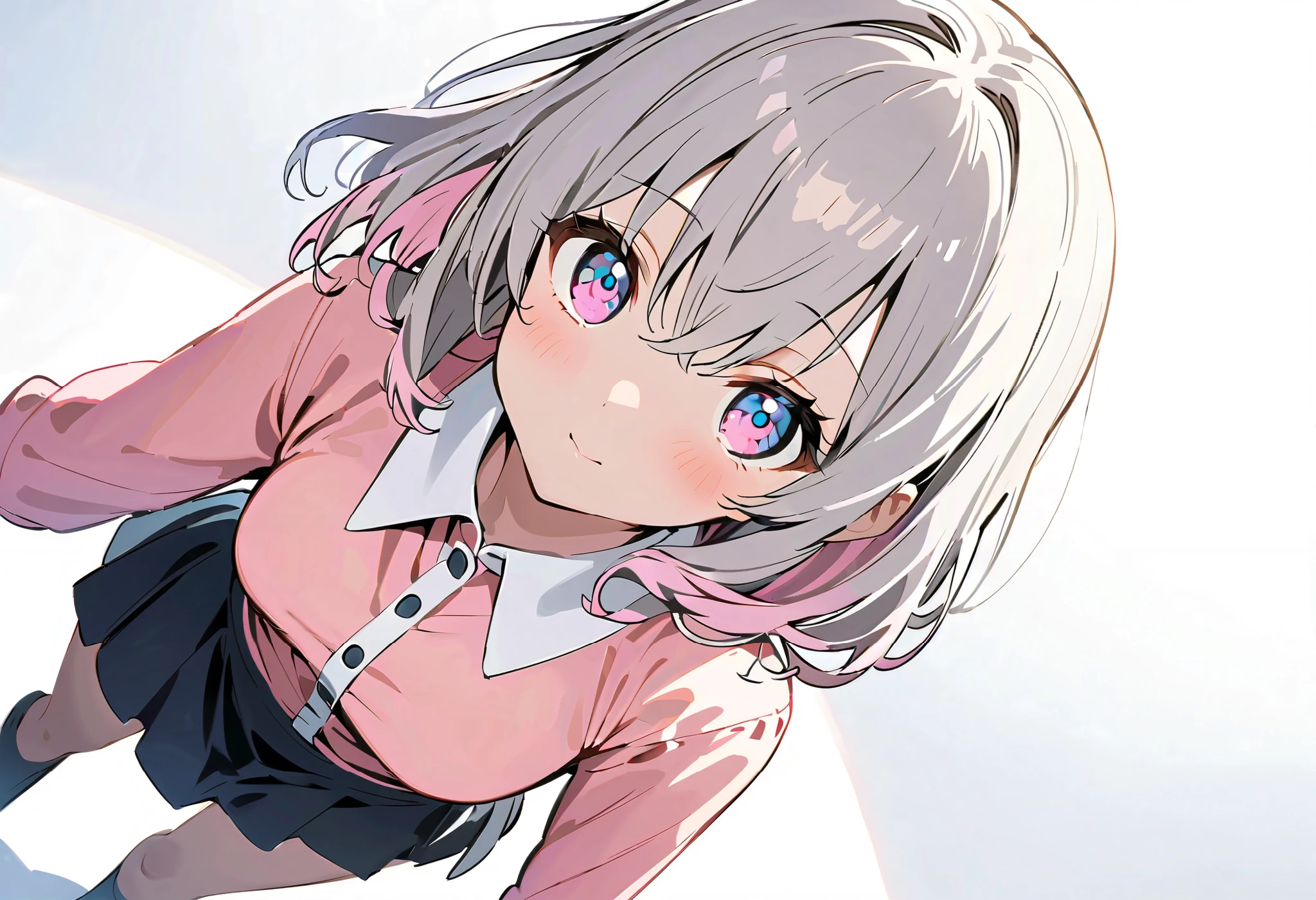 、{{{masterpiece}}}, {{{ top quality}}}, {{ super detailed}}, {beautiful detailed eye}, 1 girl, Alone, ((Grey Hair)),(bangs), angle from above、 looks up, girl ,Midea,eye、 dynamic angle 、Long Grey Hair、 pink tips 、Alone、 medium hair 、白い medium hair 、 Song、Idol、長めの medium hair 、 long hair、 bob hair、 stageに立ち Song、 long sleeve pink shirt with white collar {x} 肩くらいまで伸びるGrey Hair 、 Pink hair with pink tips 、 medium hair ー、 hair with pink inner color、 white hair down to shoulders 、 pretty girl、Detailed eye、Anime、 Shirogane Noel、 stage、 black skirt、 white hair down to shoulders 、 simple background、,Alone、 1 girl、E art style 、 The light shines 、Beautiful Shadows、Alone、singer、