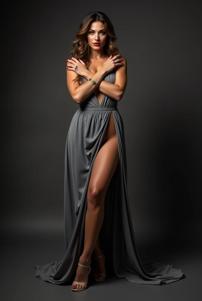 Hot Russian girl with long brown hair wearing a black kimono, standing in a room, arching her back accentuating her beautiful curves and her shiny image spread out over the legs of a white girl with a hot ass and chest, flirtatious smile, Photo studio, Black background