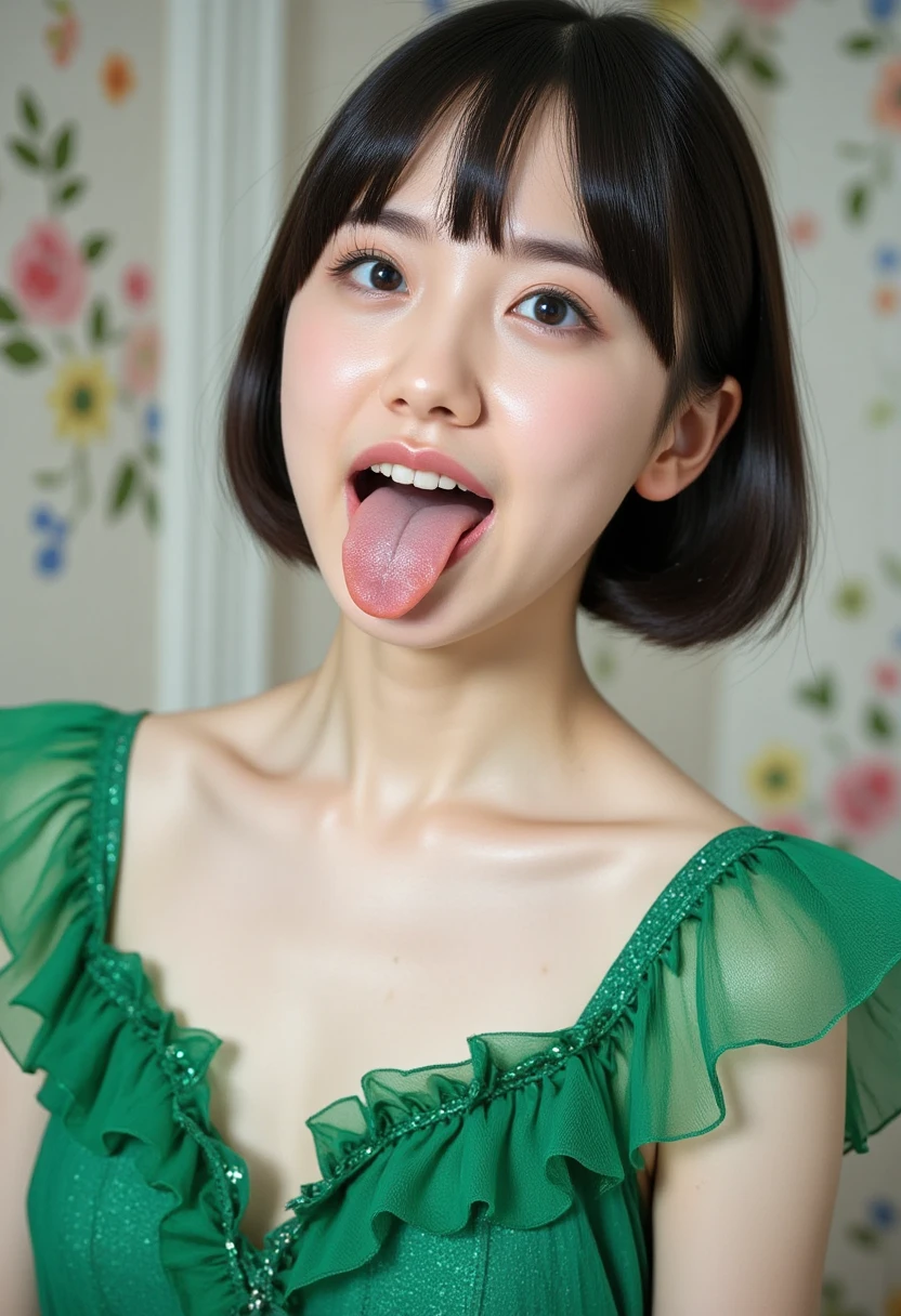 masterpiece, 最high quality,16k,8K,beautiful,get used to it,exquisite,extremely get used to it, finely get used to it, high quality, insanely get used to it, ultra get used to it, ultra high resolution, 超high quality, beautiful face, Japanese, NSFW,Picture of a woman's face 、( sharp focus ), From below, ( please kneel and look upward:1.10), ((Open your mouth:1.6)), ( stick out your tongue:1.8), (Ultra-detailed beautiful faces:1.10), (Ultra-detailed beautiful slim body:1.9), 21 years old, ( Super Detailed Beautiful Japanese Beauty Female Idols:1.7), ( troubled face:1.3), Woman in the center of the image, break, photorealistic, hyperrealism, portrait of young adorable Japanese face, Japanese facial features, Young and Cute Skinny Oriental Faces, Bust Up Shot, 21 years old idol with a cute face, beautiful Japanese girl's face , Japanese facial features, she has a lovely look , ( Light Green Sparkling Evening Dress :1.5)