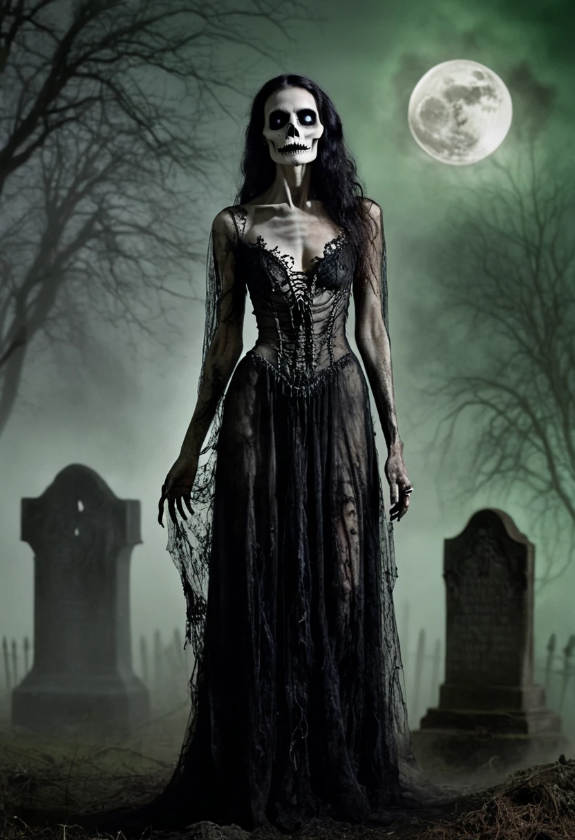 A hauntingly beautiful skeletal woman in a flowing, tattered gown stands in the center of a foggy graveyard under the full moon. Her face is a mix of skeletal features and ghostly beauty, with glowing green eyes that pierce through the mist. Around her are tombstones and dead trees, with tendrils of fog swirling across the ground. The lighting is ethereal, casting a soft, silvery glow over her and the environment. The mood is gothic, mysterious, and eerie