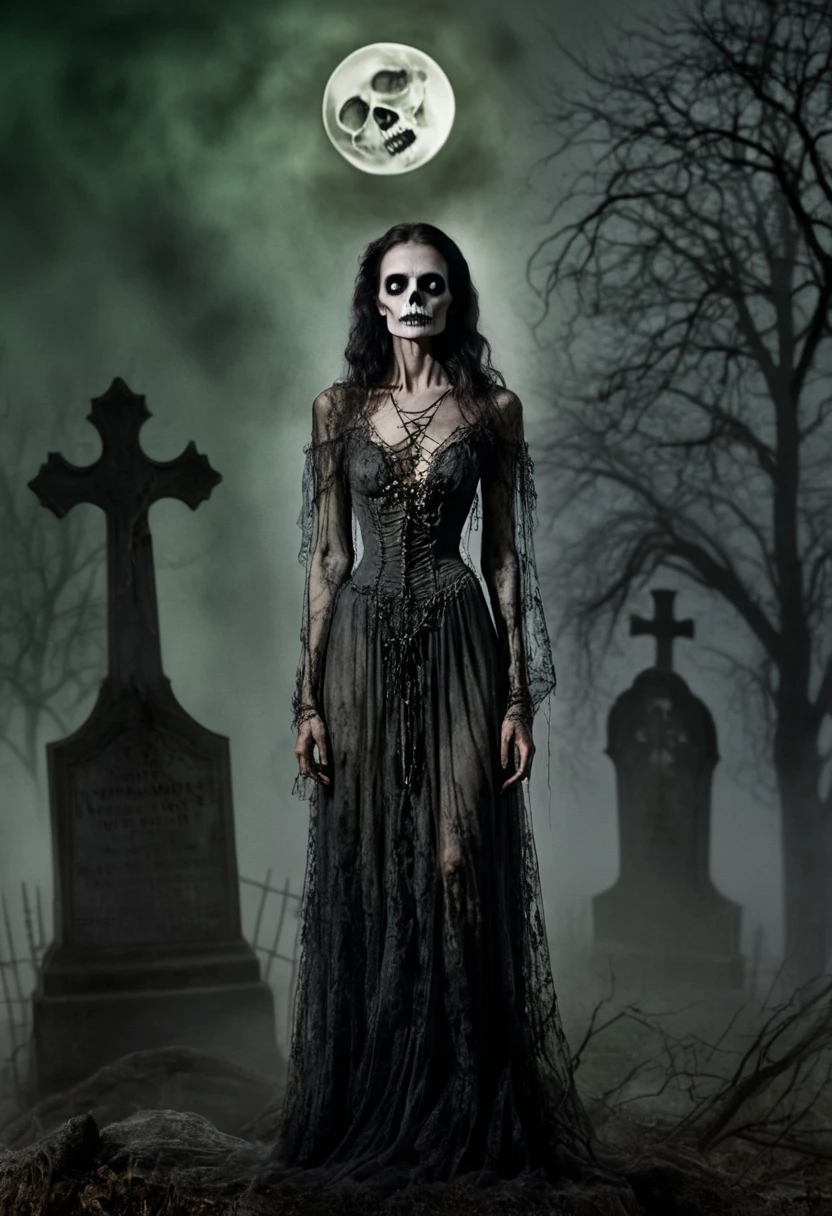 A hauntingly beautiful skeletal woman in a flowing, tattered gown stands in the center of a foggy graveyard under the full moon. Her face is a mix of skeletal features and ghostly beauty, with glowing green eyes that pierce through the mist. Around her are tombstones and dead trees, with tendrils of fog swirling across the ground. The lighting is ethereal, casting a soft, silvery glow over her and the environment. The mood is gothic, mysterious, and eerie