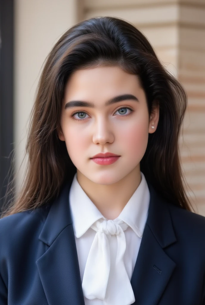 (masterpiece, best quality:1.3), 1girl, Alone, 
she wear in dark blue high school blazer uniform and immaculate blouse with white ribbon tie.,
young Jennifer Connelly at age 18, 
with cute face yet with precocious female body,
no make up, flawless pale skin, 
joyful smile,
plump cheeks, 
scooped nose arched high with a turned-up tip,
plump blreasts, broad shoulders, 
wet long dark hair,
under bright natural light illuminating on her face,
oiled shine skin,

(Browse:-2), Face correction///Put on some clothes, (Faithfully reproduce image details1.37), (１Beautiful woman), 20 years old, (Best quality calibration:1.21), 32K resolution, (Practical:1.21), (超Practical:1.21), High resolution UHD, (masterpiece:1.21), (Quality Improvement:1.21), (Very nice facial details), (Perfect Anatomy:1.21), Physically Based Rendering, Ray Tracing, (Highest quality real texture skin:1.21), (Symmetrical and detailed eyes:1.21), Delicate eyelashes_eyebrow, (Clear focus), Professional movie lighting,  Browse:-2,