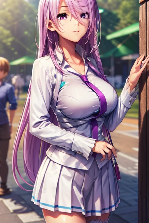 masterpiece,best quality,high resolution,8k,ultra HD,wallpaper,illustration,perfect face,cowboy shot,beautiful detailed eyes,extremely detailed face,perfect lighting,extremely detailed CG,perfect anatomy,perfect body,perfect thick,perfect hands,perfect fingers,1woman,full body,,muscle fighter body,(purple long hair),purple eyes,large breasts,Medium ass,,(white school Y-shirt),white skirt,clothed,collarbone,looking at viewer,(),steam,sweat,(Heaven Burns Red character kura satomi),