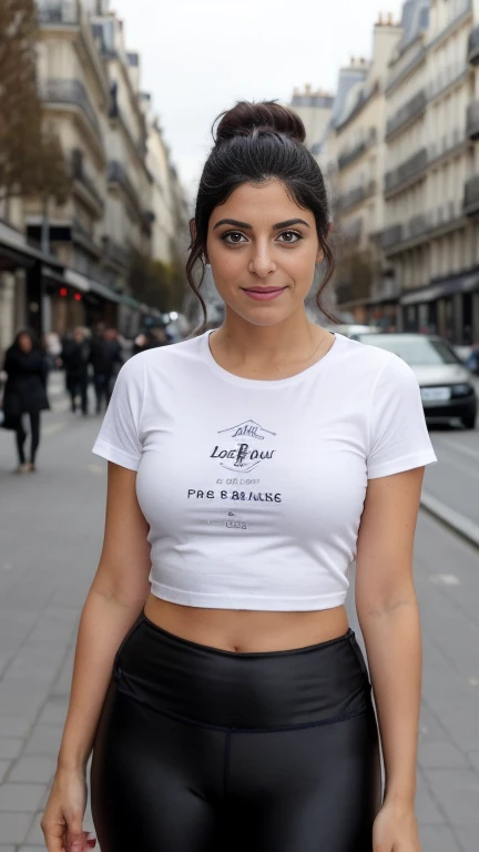 (meilleure qualité) 1 fille, Dina, Latino, se tenant seul, regardant le spectateur, gros plan des cuisses, Coiffure longue, t-shirt écrit "PARIS", Legging, yeux grands, lèvres détaillées, réaliste, par Lorène