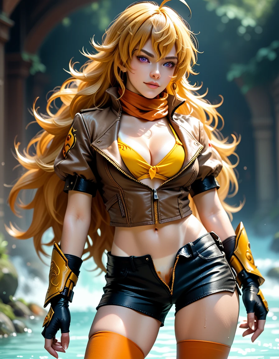 (Yang Xiao Long) from "RWBY", rwbyyangs1, brown jacket, short sleeves, vambraces, black gloves, fingerless gloves, (unzipped black shorts:1.42), ((yellow pubic hair peeks out)), orange thighhighs, single thighhigh, orange scarf, (tan lines:1.32), midriff, cleavage, realistic, photorealistic, hkstyle