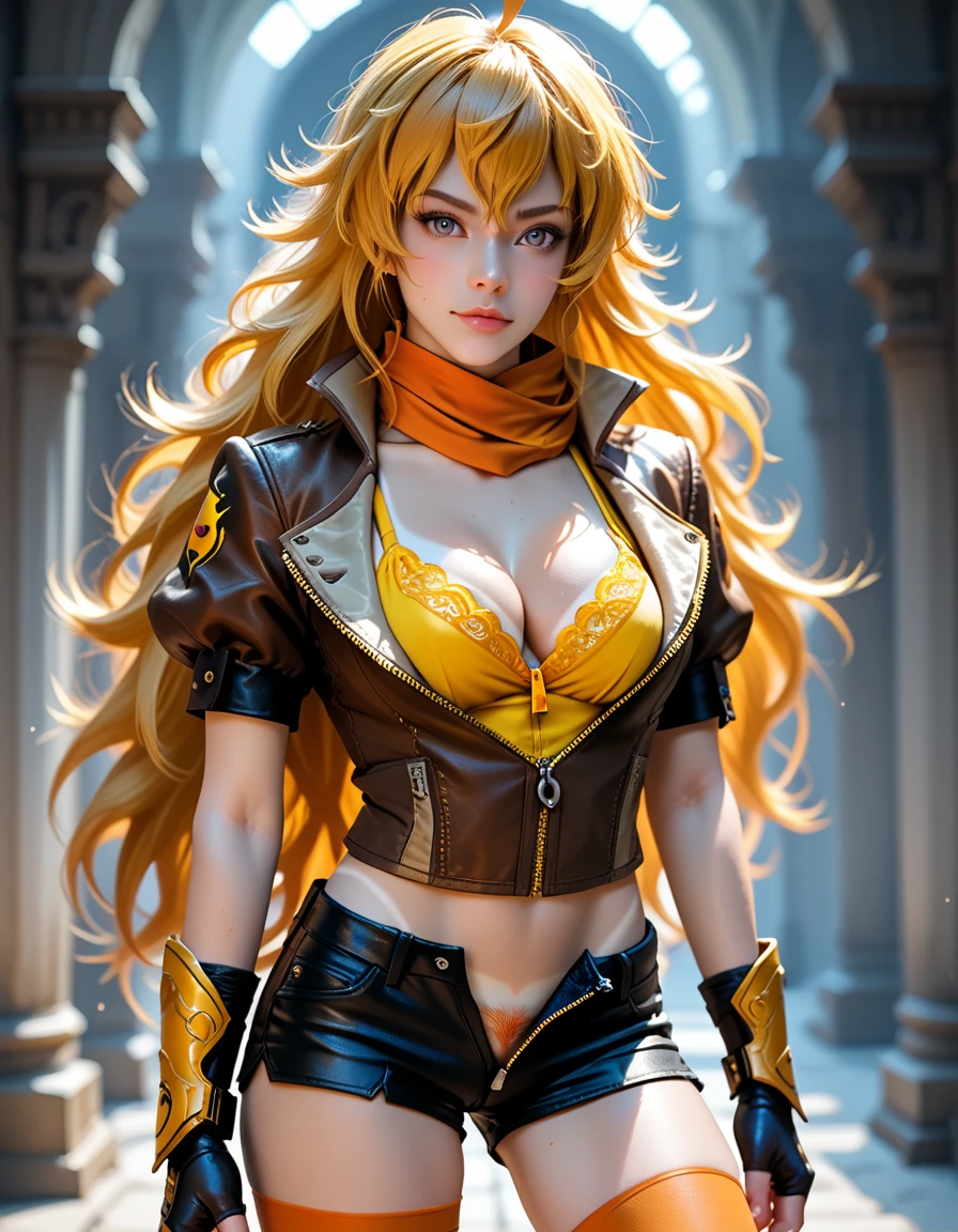 (Yang Xiao Long) from "RWBY", rwbyyangs1, brown jacket, short sleeves, vambraces, black gloves, fingerless gloves, (unzipped black shorts:1.42), ((yellow pubic hair peeks out)), orange thighhighs, single thighhigh, orange scarf, (tan lines:1.32), midriff, cleavage, realistic, photorealistic, hkstyle