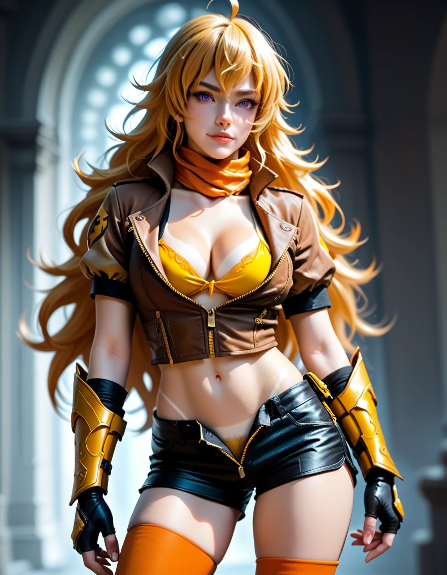 (Yang Xiao Long) from "RWBY", rwbyyangs1, brown jacket, short sleeves, vambraces, black gloves, fingerless gloves, (unzipped black shorts:1.42), ((yellow pubic hair peeks out)), orange thighhighs, single thighhigh, orange scarf, (tan lines:1.32), midriff, cleavage, realistic, photorealistic, hkstyle