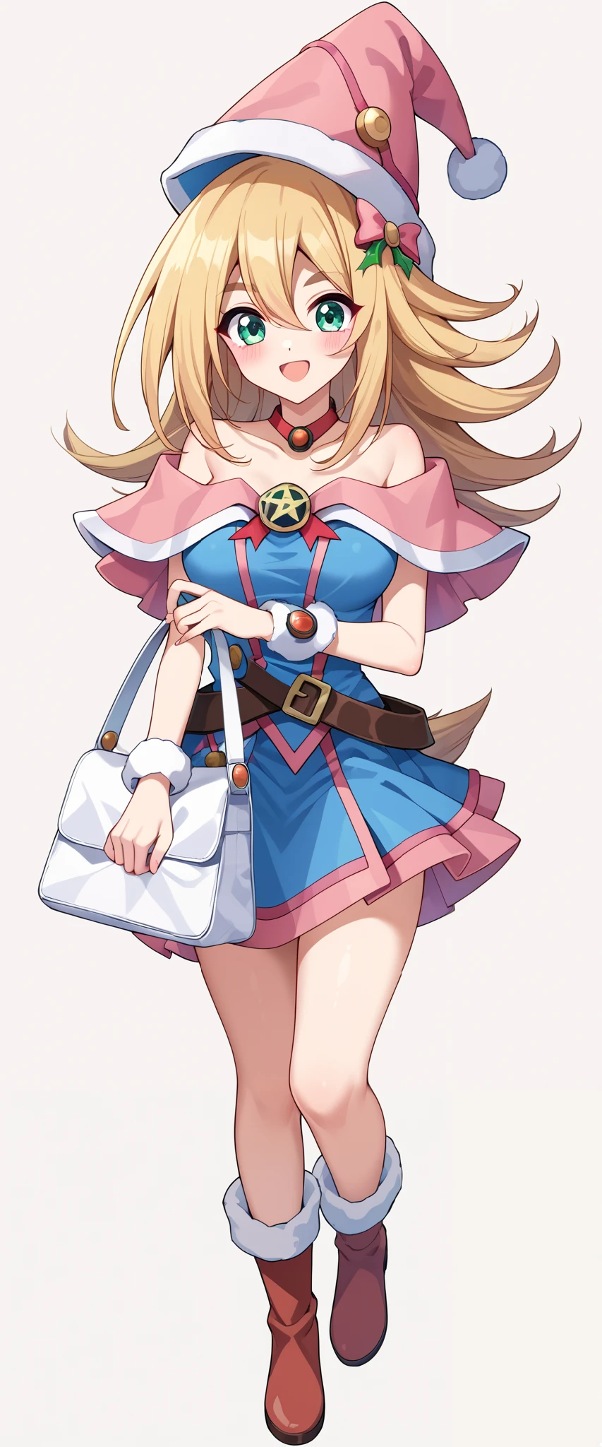 (UHD, best quality, highres icon), 1girl, dark Magician girls. long rubio fluffy hair pulling a sled, Thick eyebrows, smile, Santa clothes in a mini skirt , carrying a white bag , RED BOOTS BREAK SHEEP, ソリを引いている
