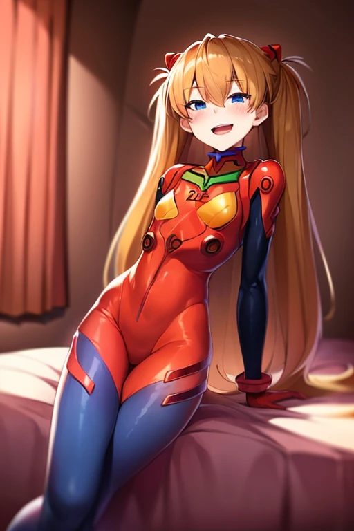 (( top quality)), ((masterpiece)), (be familiar with),  perfect face, indoor, bedroom, looking at the viewer,
One woman,  Soryu Asuka Langley ,
 open mouth,  ecstatic expression beside the piano, blush, smile,
 small tits,  flat chested, Young girl, Lori,  s,  girl,
 long hair,  twin tails,
Leg spread,