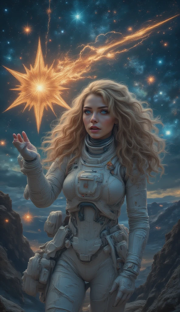 masterpiece, 8k, HDR, 3D, best quality, photograph, analog style, real life, extremely beautiful, (highly detailed, intricately detailed), (highly detailed skin), (alluring eyes), an image of a female riding a shooting star traveling through the universe, (1female), long curly blonde hair, blue eyes, little smile, wearing a space suit