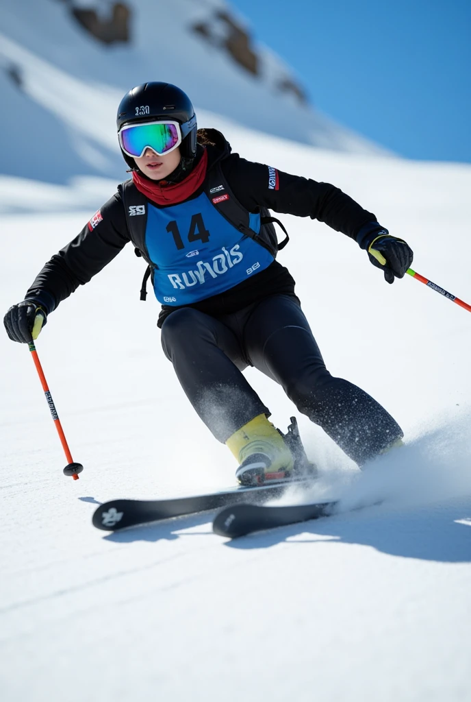 (a professional skier in a dynamic skiing pose,skiing at high speed down a snowy mountain slope,beautiful detailed eyes,beautiful detailed lips,extremely detailed face and body,athletic build,competitive expression,high performance ski gear,streamlined ski suit,ski goggles,ski helmet,ski poles,fast motion,blurred background,white snow,blue sky,sharp focus,realistic,photorealistic,photo-realistic:1.37,best quality,4k,8k,highres,masterpiece:1.2,ultra-detailed,physically-based rendering,extreme detail description,professional,vivid colors,bokeh,action sports,adventure photography,winter sports,high contrast lighting,shadows,reflections)